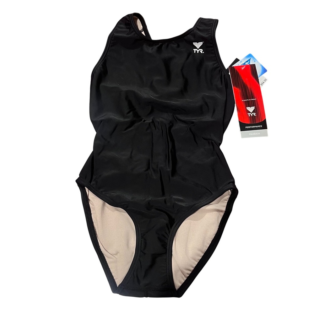 TYR Womens Maxback Performance One Piece Swimsuit Black Lycra Size 28 NWT